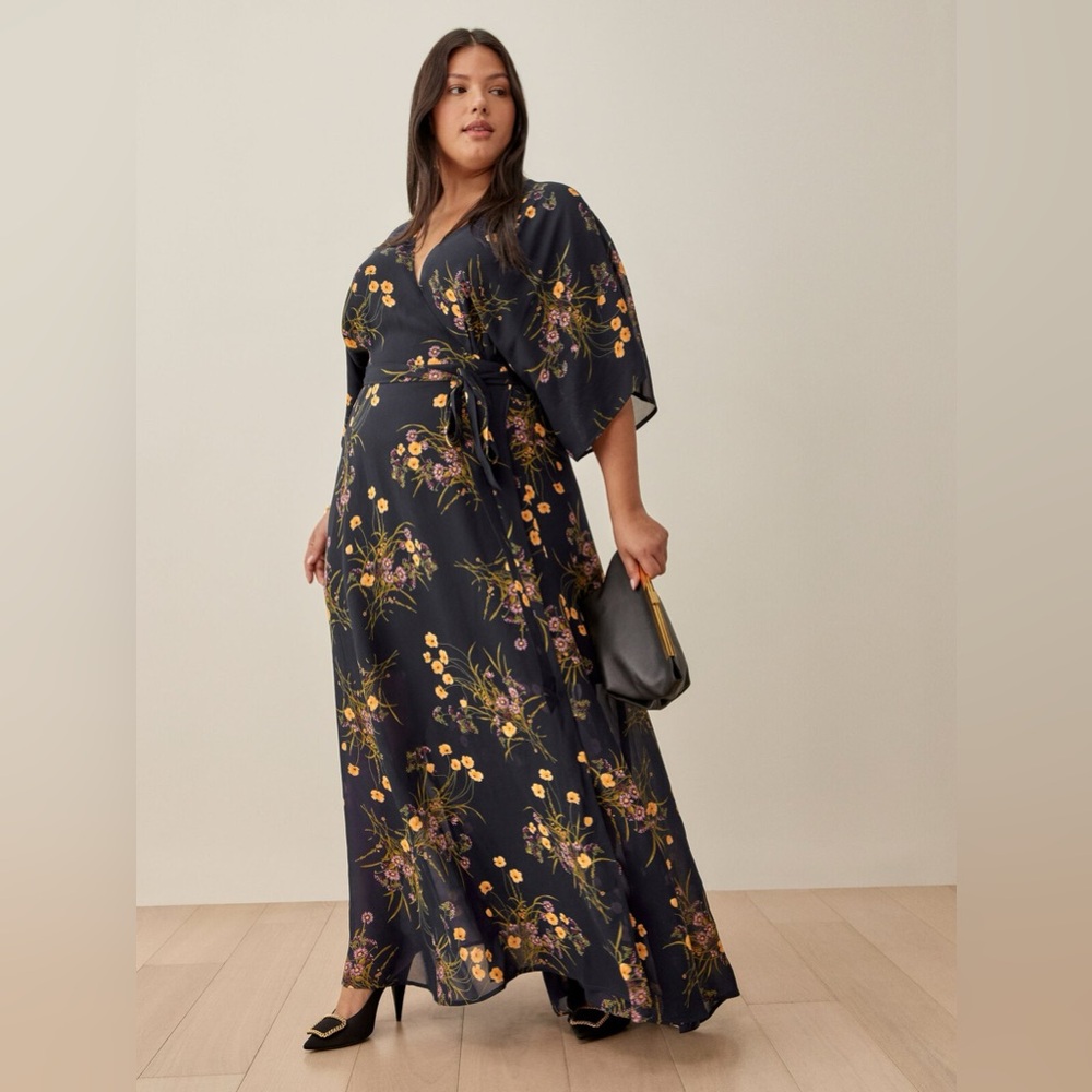 Reformation Navy Floral Maxi Wrap Dress with Yellow Accents
